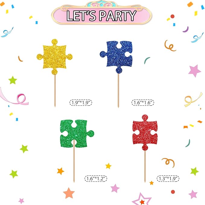 24pcs Puzzle Cupcake Toppers, Primary Colored Puzzle Cupcake Toppers, Colorful Glitter Puzzle Cake Decoration for Baby Shower, Kids Birthday/Autism Themed Party Supplies