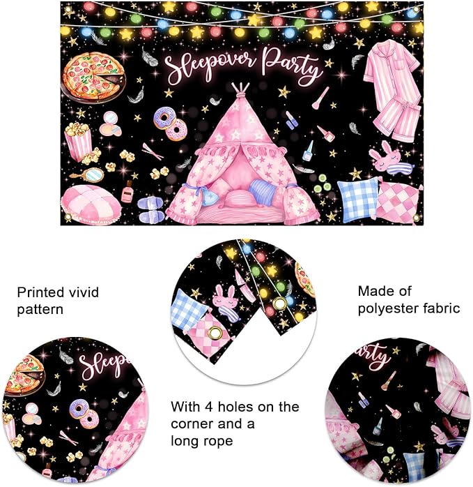 Mocsicka Black Sleepover Backdrop Party Decorations Slumber Pillow Fight Girls Night Photo Background Pajama Spa Make Up Birthday Decorations Party Supplies 70.8 x 43.3 Inch