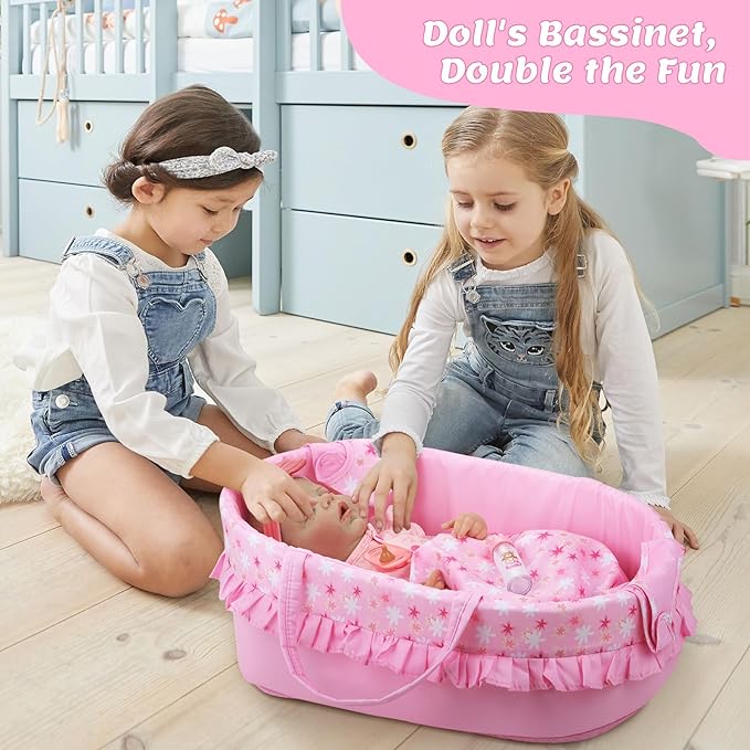 GAGAKU 18 Inch Doll Bassinet - Baby Doll Bed with Carry Handle & Pink Accessories Set for Girls & Kids, Reborn Baby Dolls Accessories