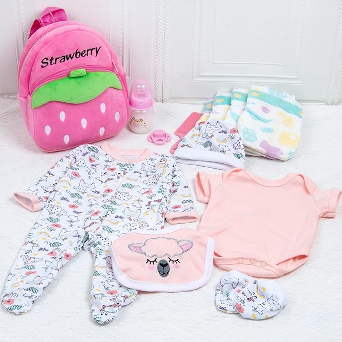 13 Pcs Set Reborn Baby Dolls Clothes Girl Outfit Accessories Pink Sheep Print for 17-22 Inch Reborn Dolls Newborn Girl with Pink Strawberry Backpack Diaper