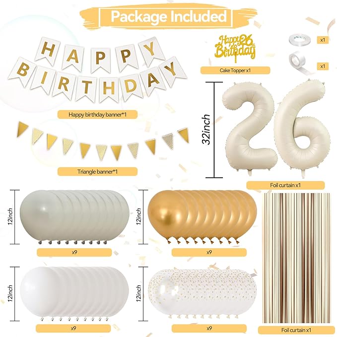 26th Birthday Decorations, White and Gold Happy Birthday Decoration Kit With Beige Number 26 Balloons Cream White Latex Balloon Champagne Fringe Curtain Cake Topper Banner For 26th Party Supplies
