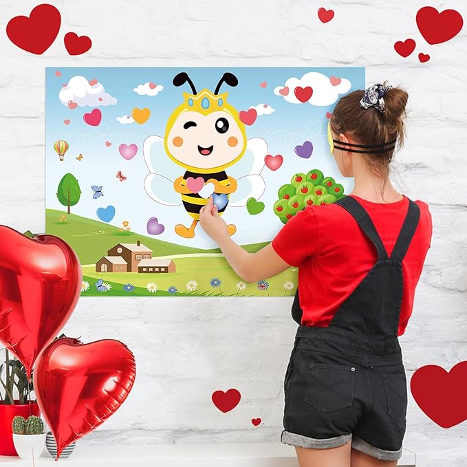 Hooqict Valentines Games for Kids Party Pin The Heart on The Bee Valentines Day Party Games Activities Galentines Day Decorations, Large Pin The Tail Poster with 36 Stickers