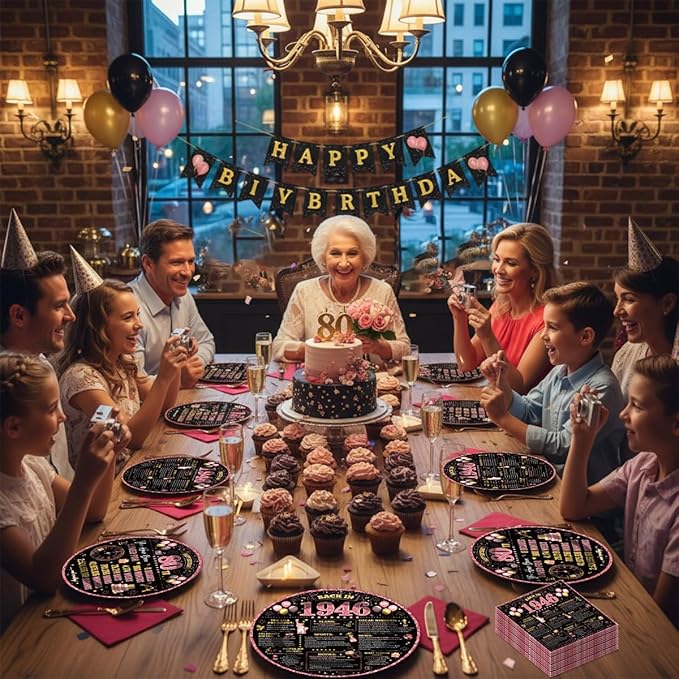 96Pcs 80th Birthday Decorations Women Tableware Set Rose Gold Back in 1946 Paper Plates Napkins Forks Cheers to 80 Years Disposable Tableware Decor for 80th Bday Theme Party Favor Serve 24 Guests