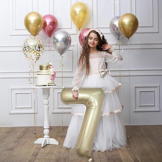 40 Inch Balloon Number 7 Metallic Gold, Large Mylar Foil Light Gold Number Seven Balloons for Girls Women, Champagne Gold Globos de Numero 7 Helium Balloons for Boys Men 7th Birthday Party Decorations
