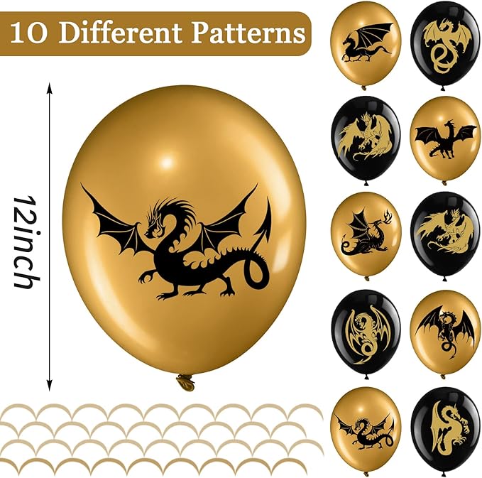 Zomiboo 50 Pieces Dragon Theme Party Supplies, Dragon Theme Party Balloons, Black Gold Birthday Decoration Picks for Fantasy Supplies, 12 Inches