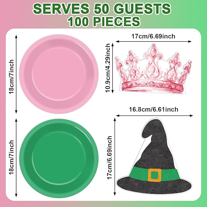 100 Pcs Pink and Green Party Supplies Halloween Witch Paper Plates and Napkins Crown Witch Hat Shape Napkin Disposable Dessert Cake Tableware Set for Women Girls Birthday Baby Shower Party Decorations