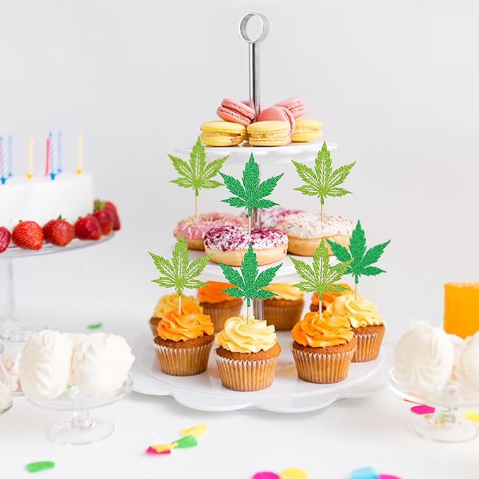 Ercadio 24 Pcs Green Glitter Marijuana Cupcake Toppers Have a Dope Birthday Cake Topper Cake Decorations for Men Women Marijuana Them Party Supplies