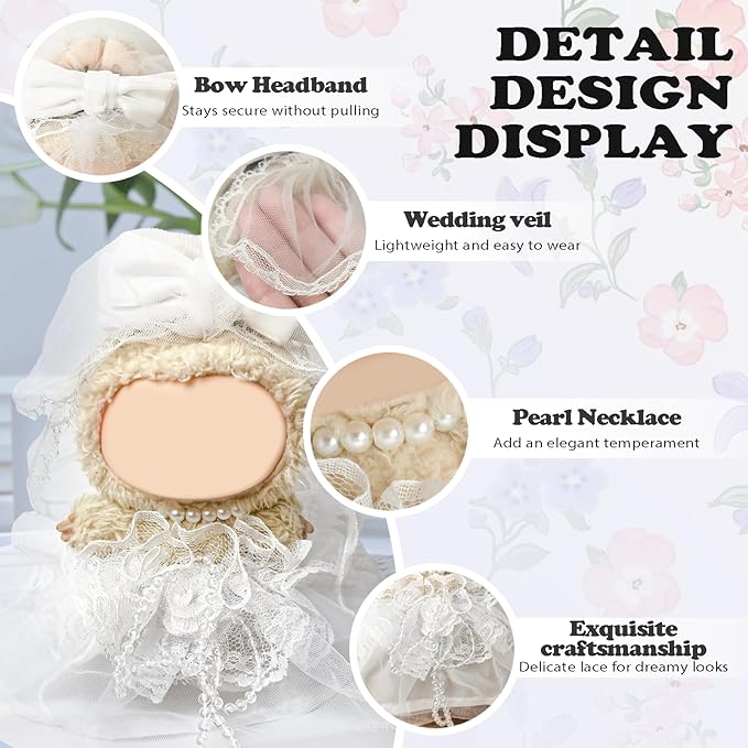Clothes Compatible with LABUBU Doll - 4PCS Wedding Dress Set, 17cm Doll Clothes Designer Outfit for Bridal Theme, Cute Stylish Accessories for Labubu, No Doll (Ivory Bridal Charm)