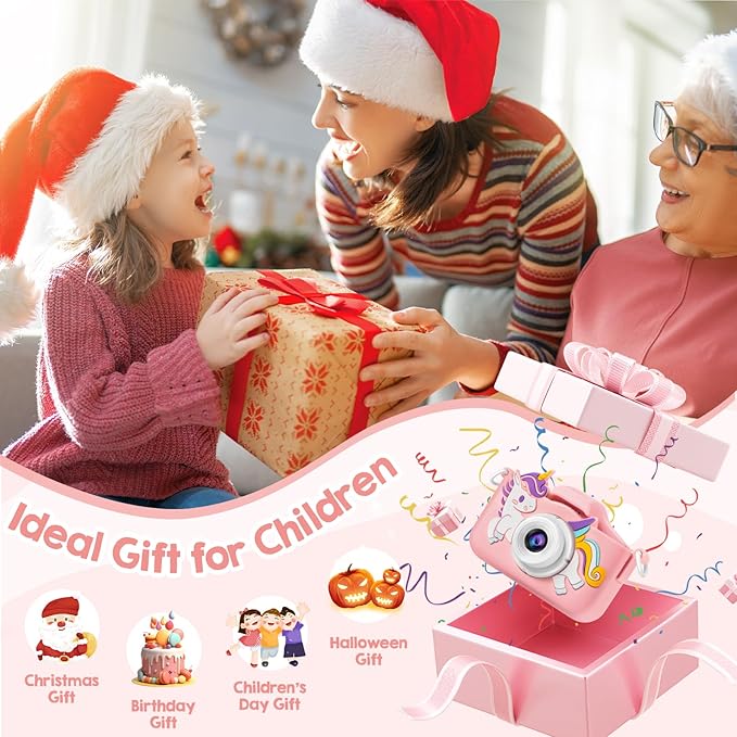 Kids Camera, Toys for Age 3-9 Year Old Toddler Digital Camera, Girls Christmas Birthday Gifts, Selfie Camera with Cartoon Soft Silicone Cover and 32GB Card (Sakura Pink)