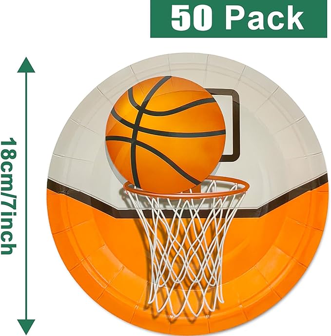 50Pcs Basketball Party Supplies - 7inch Paper Plates for Boys Sports Theme Birthday Party Decorations