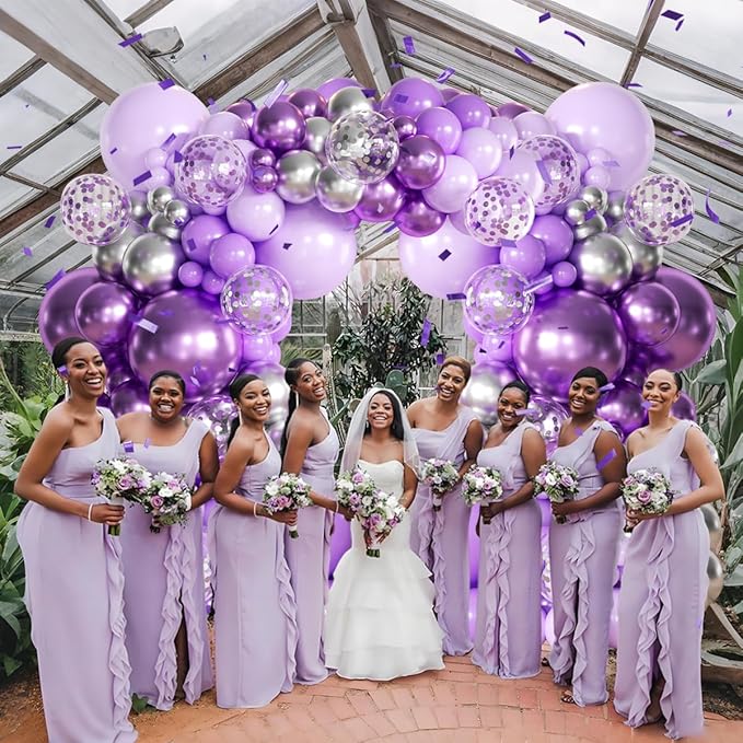 Purple and Silver Balloon Garland Arch Kit, 155Pcs Lavender Pastel Purple Lilac and Silver Confetti Balloons for Girls Women Wedding Birthday Baby Shower Graduation Party
