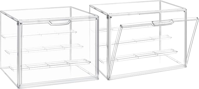 Clear Acrylic Display Case 2 Pack, Stackable 4-Tier Figure Showcase with 3 Movable Shelves, Interlocking Edges & Magnetic Door for Action Figures