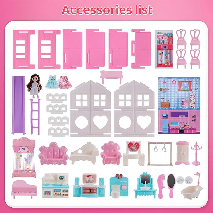 Doll House,with Living Room Bedroom Bathroom Kitchen Furniture Playset, Double-Sided Dollhouse with 1 Dolls,3 Sets Doll Clothes, Lights, Furniture and Accessories