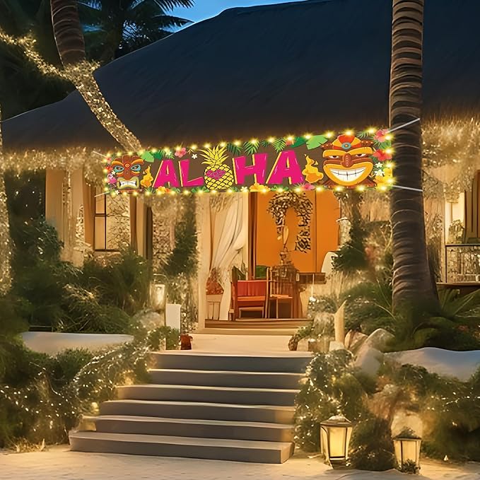 OuMuaMua Hawaiian Luau Party Decorations, Aloha Party Decorations, Tiki Decorations Aloha sign with Lights for Summer Aloha Moana Hawaii Luau Party Decoration, Tropical Birthday Tiki Party Supplies