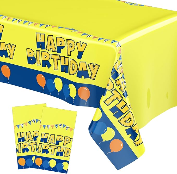 Oudain 2 Sheets Yellow Birthday Party Supplies Yellow Cartoon Tablecloth 54 x 108 Inch Plastic Table Covers for Birthday Party Decorations