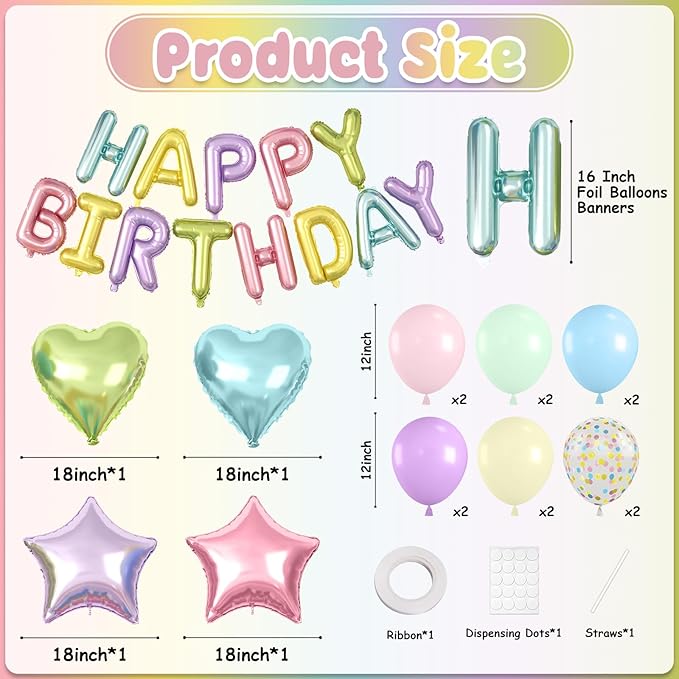29PC Pastel Happy Birthday Balloon Banner, 16Inch 3D Aluminum Letter Banner Sign, Multicolor Pastel Balloons 18 Inch Star Heart Star Foil Balloon for Women, Men Party Supply