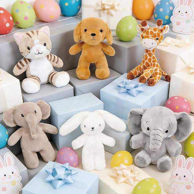 6 Pcs Stuffed Animals Bulk, 11 Inch Small Stuffed Safari Animals, Zoo Stuffed Animals Set (Cat Dog Elephants Giraffe Bunny) Baby Shower Party Decor, Easter Gift for Classroom Kids, Teens, Girls