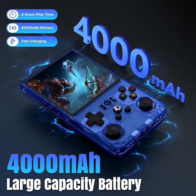 R36MAX Retro Handheld Game Console, 64GB Retro Gaming Console with 4.0 Inch Screen, Portable Video Game Consoles with 4000mAh Battery and Multiple Emulators, Open Linux System (Transparent Blue)