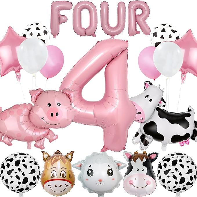 20 PCS Farm Animal Theme Party Balloons, Farm Cow Print Sheep Pig Donkey Mylar Foil Balloons Baby Shower Boy Girl 4th Birthday Party Decor Supplies (4th)