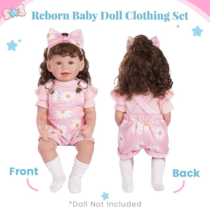 BABESIDE 4 Pcs Reborn Baby Doll Clothes for 17-22 Inch Babydolls, Cute Pink Flower Dolls Overalls Lifelike Reborn Baby Doll Accessories with Headband and Socks for Realistic Dolls Girl
