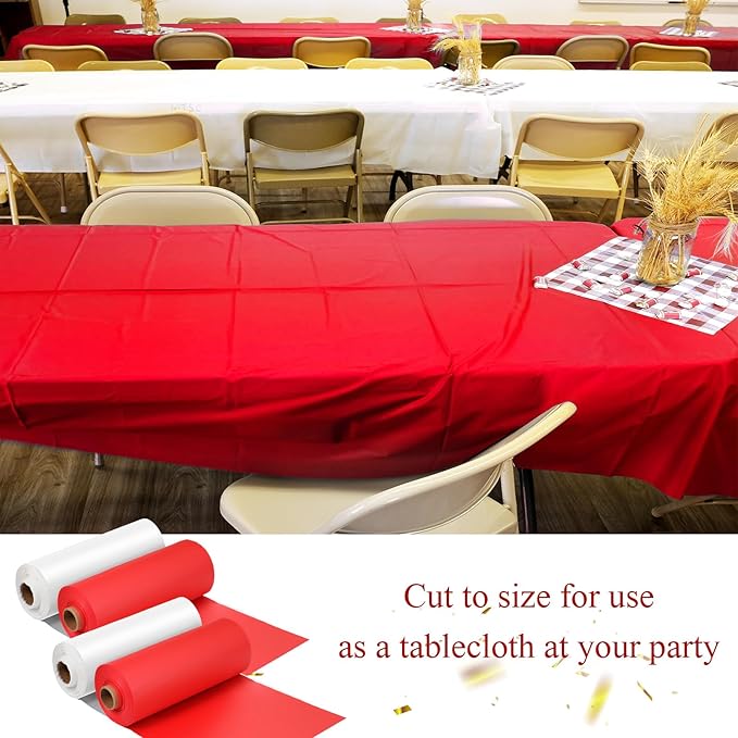 Moukeren 40'' x 100' Circus Tablecloth Roll Plastic Tablecloth Disposable DIY Carnival Tent Party Supplies for Big Top Tent Backdrop Curtains Ceiling Wall Drapes(White, Red,4 Roll)