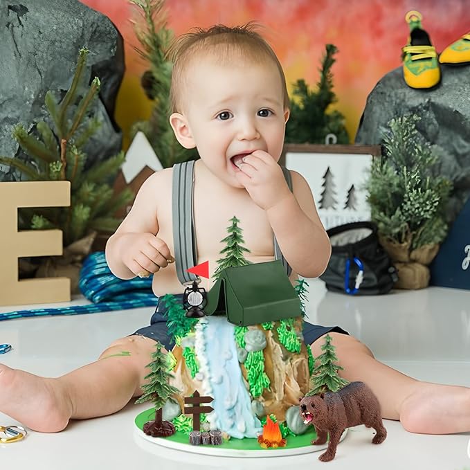 Hooqict Camping Cake Decorations with Mini Tent, Campfire, Tree, Camp Sign, Animal Camping Cake Toppers & Cupcake Toppers for Forest Camp Themed Birthday Party Decorations Supplies