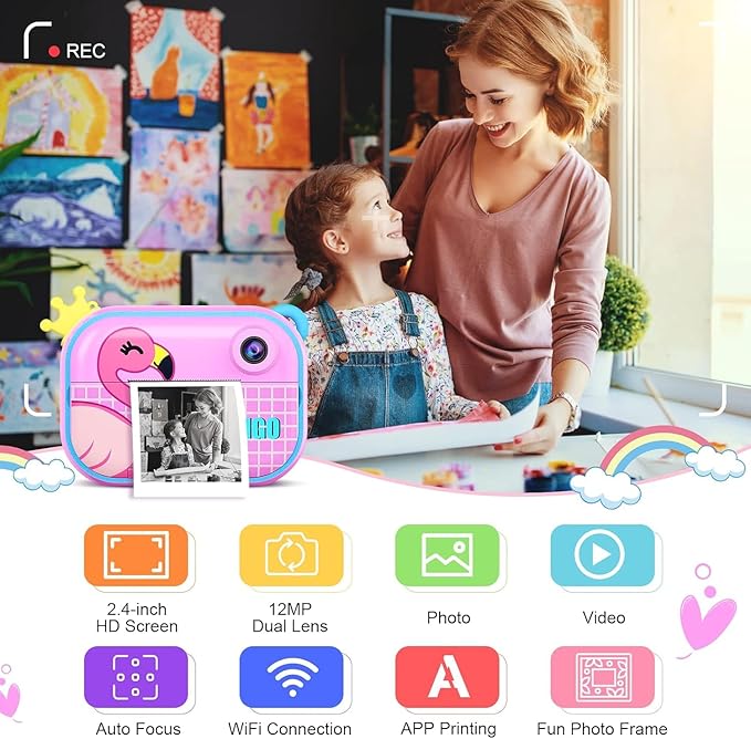 Instant Print Camera for Kids – 12MP 1080P Digital Camera with 2.4 Inch Screen,Includes 8GB SD Card, Perfect Christmas & Birthday Gift for Ages 3-12, Girls & Boys