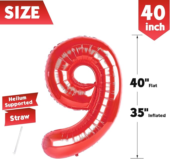 40 Inch Red Number 9 Balloon, Giant 9 Number Balloons for 9th Birthday Decorations, Party Supplies for Baby Boy Girl, Red Party Decor