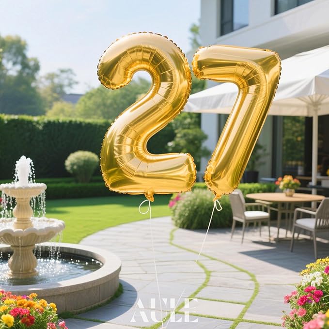 AULE 40 Inch Large 27 Balloon Numbers Gold, Big Foil Number Balloons, Giant Helium Happy 27th Birthday Party Decorations for Man and Women, Huge Mylar 72 Anniversary Party Supplies