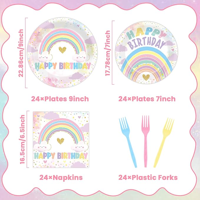 96PCS Boho Pastel Rainbow Party Paper Plates and Napkins for Rainbow Cloud Theme Party Dessert Cake Plates Disposable Decor Girls Happy Birthday Set for Kids Birthday Gatherings Decorations