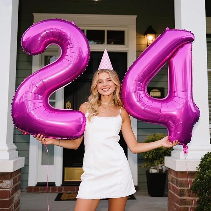 40 Inch Large 24 Balloon Numbers Rose Purple Big Foil Number Balloons Giant Helium Happy Birthday Party Decorations for Man and Women, Huge Mylar Anniversary Party Supplies