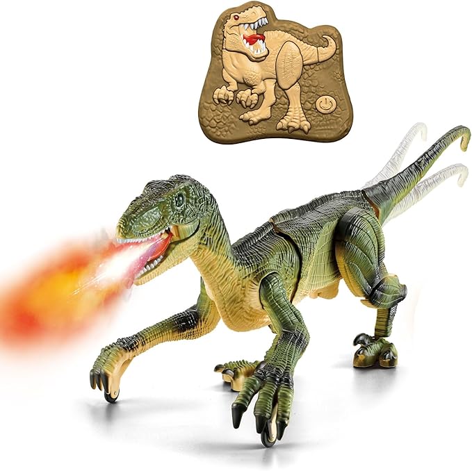 Remote Control Dinosaur Toys for Kids, Dinosaur Toys for Boys Big Walking Velociraptor Dino with Light Sound and Spray Stream Birthday
