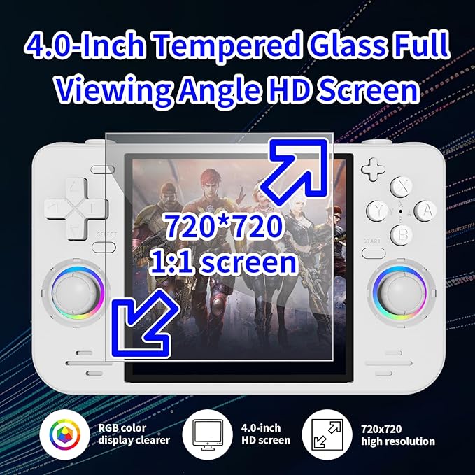 RF40H Retro Handheld Game Console, 4.0 Inch 720x720 IPS Screen, Built-in 18,000+ Classic Game, Portable Hand Held Open Source Linux System, 4000mAh Battery Retro Gaming Console (Black 64GB) (White)