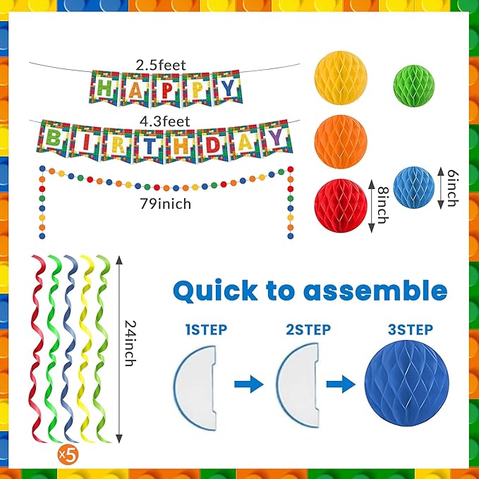 20pcs Building Blocks Themed Birthday Party Decorations Supplies Pack Happy Birthday Banner with Cupcake Topper for Colorful Backdrop Birthdays Party Decor