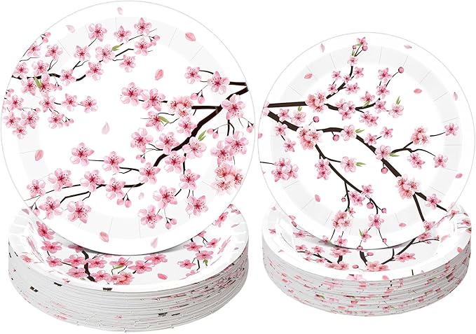60 Pcs Cherry Blossom Paper Plates 9 in and 7 in Watercolor Pink Floral Party Decorations Plates Disposable Dinner Tableware for Bridal Shower Wedding Tea Summer Birthday Supplies