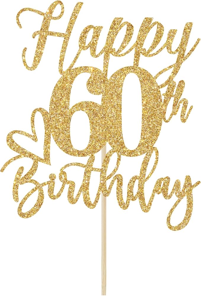 Happy 60th Birthday Cake Topper, 60th Birthday Cake Decorations for Men/Women, Cheers to 60 Years, Hello 60, 60th Happy Birthday Party Supplies Gold Glitter