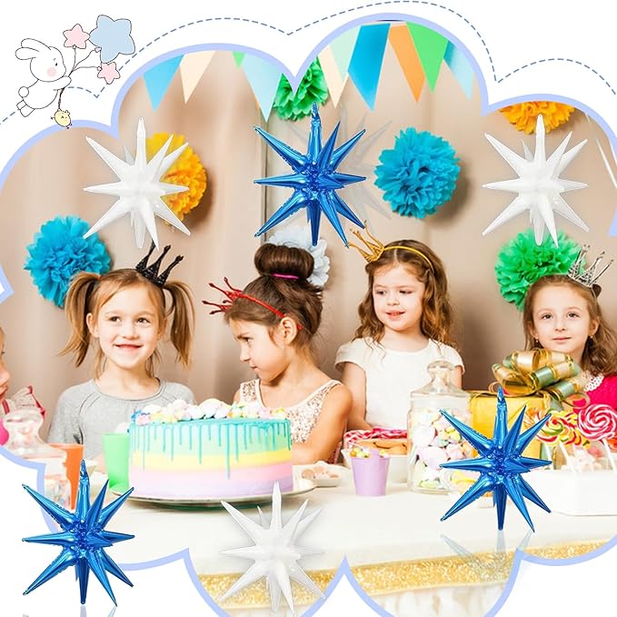 6 Pcs White Blue Star Foil Balloons One-Piece 14-Pointed Star Balloon 4D Starburst Cone Mylar Balloon 22inch Christmas Birthday Wedding Wedding Anniversary Party Supplies (White + Blue)