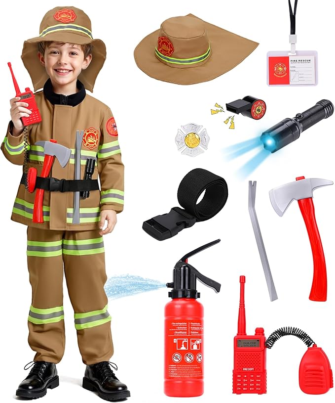 LOYO Firefighter Costume for Kids - Fireman Halloween Costumes for Toddler Boy, Halloween Dress Up for Kids 3-12 Pretend Play