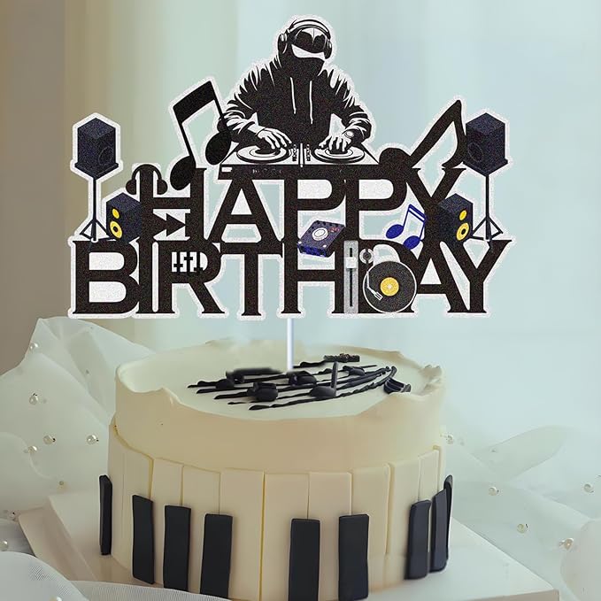 Dj Disco Happy Birthday Cake Topper Music Rock Disco Hip Hop Black Glitter Cake Decoration Carnival party Dj Disco Unisex adult Theme Birthday Party Supplies