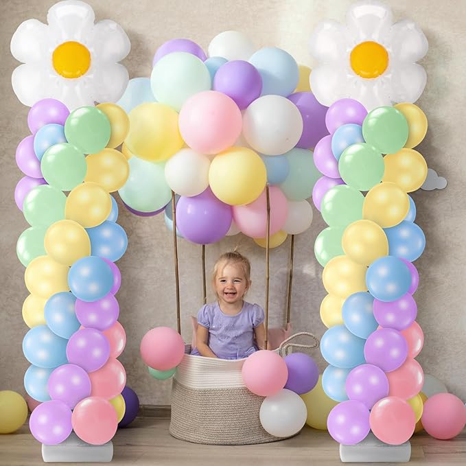 Kasyat 2 Sets Daisy Pastel Party Balloon Column Stand Kit, Adjustable Groovy Balloon Arch Stand Kit for Macaron Boho Summer Daisy Floral Theme Easter Party Decoration