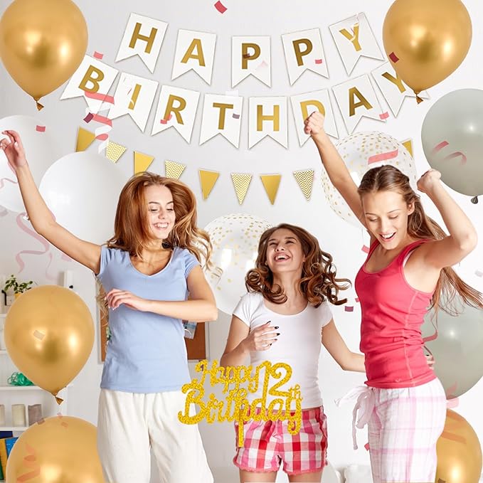 White Gold Birthday Decorations, 12th Happy Birthday Party Decorations With Cream White Number 12 Balloons Beige Latex Balloons Banner Champagne Fringe Curtain Cake Topper For 12th Party Supplies