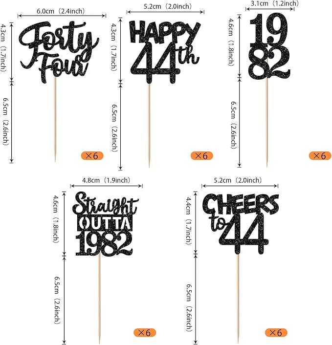 30PCS Black 44th Birthday Cupcake Toppers Glitter Forty Four Happy 44th Straight Outta 1982 Cupcake Picks for Cheers to 44 Years Birthday Wedding Anniversary Party Cake Decorations Supplies