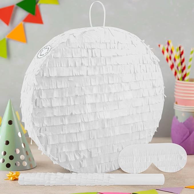 White Round Pinata with Stick Blindfold and Confetti DIY Blank Pinata for Adults Kids Birthday Party Supplies Carnivals Thanksgiving Decorations