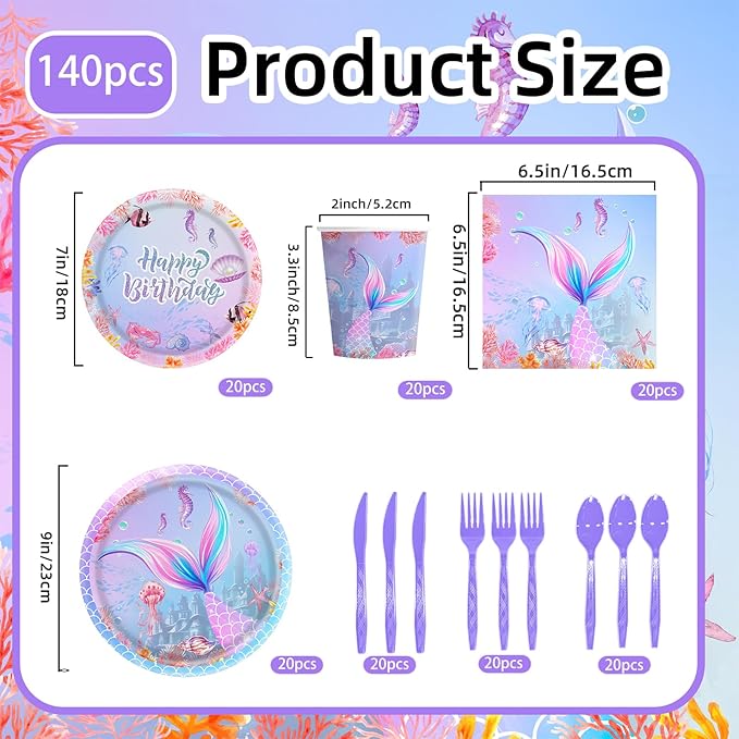140pcs Mermaid Birthday Party Decorations Set Mermaid Party Supplies Includes Plates, Napkin, Fork, Cup Baby Shower Ocean Birthday Party Decorations, Serves 20
