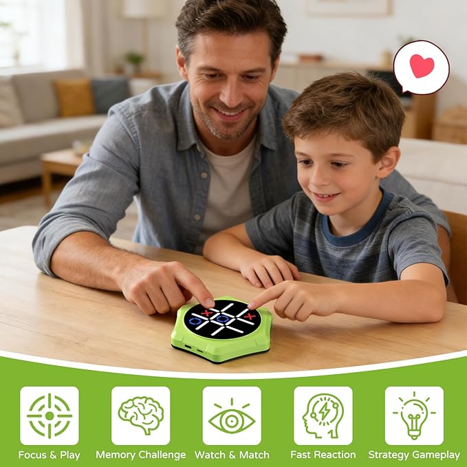 Tic Tac Toe Bolt Game,5-in-1 Handheld Puzzle Games Console,Electronic Tic Tac Toe Game for Educational&Memory,Portable Travel Games for Car Ride with Silent Mode,Toys Gift Idea for Kids & Family-Green