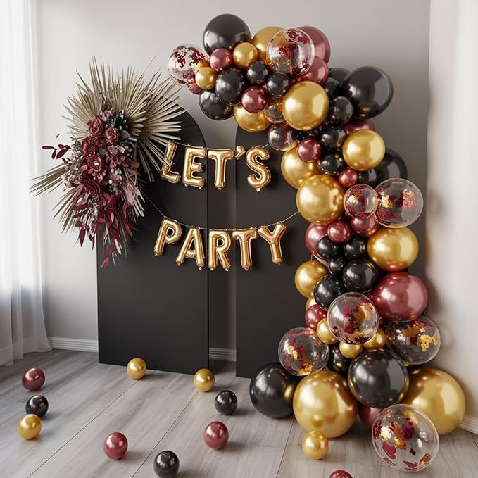 Black Burgundy Gold Balloons,12 Inch Metallic Gold Burgundy Maroon Red Black Latex Confetti Balloon for Kids Baby Shower Party Decoration
