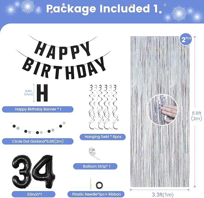 34th Birthday Decorations for Men Women- Black Silver Happy 34th Birthday Party Decor With Banner Backdrop,Number 34 Foil Balloon -Black White Balloons Garland Arch Kit for 34 Years Old