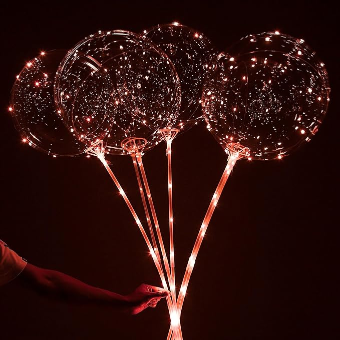 LED Balloons Light Up, 10 Pack LED Balloons with Sticks, 20 Inch Clear Bobo Balloon with Lights Helium Glow Bubble Lights for Party Supplies Valentines Decor (Red)
