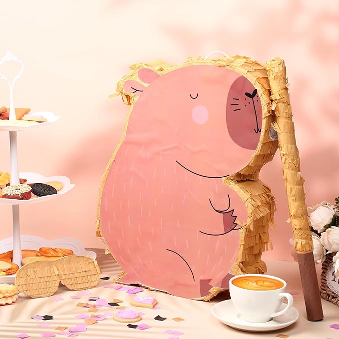 Capybara Piñata for Kids Birthday Party 15.7 x 10 x 2.8 Inches Animal Piñata with Bat Blindfold and Confetti for Baby Shower Photo Props Cinco De Mayo Fiesta Decoration