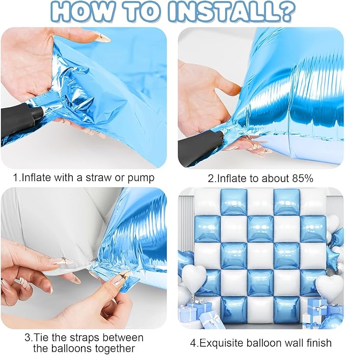 Blue White Square Foil Balloon Wall,25Pcs Double Sided Foil Balloons Backdrop Helium Polyester Tunnel Arch Garland Kit for Birthday Bridal Anniversary Baby Shower Party Decorations